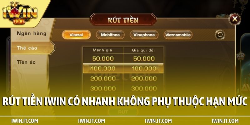 Rút tiền iWin có nhanh không phụ thuộc hạn mức